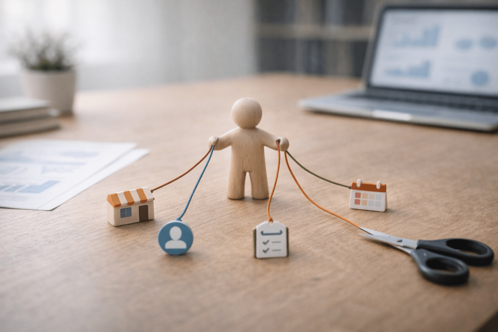 Ägarberoende småföretag illustrerat med processer, delegering och dokumentation som minskar risk